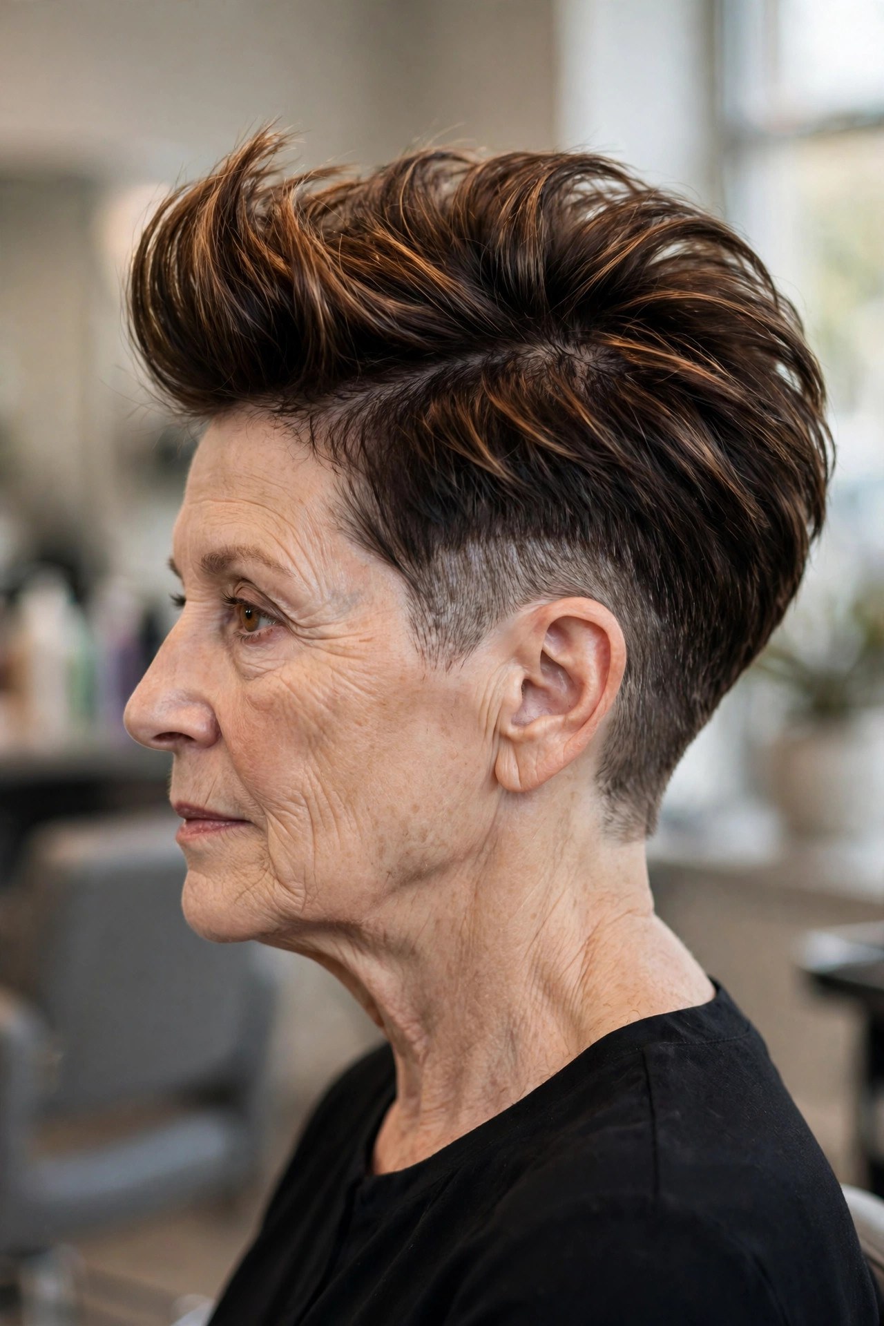 Voluminous Quiff Undercut Pixie - undercut pixie hairstyle on a woman over 50
