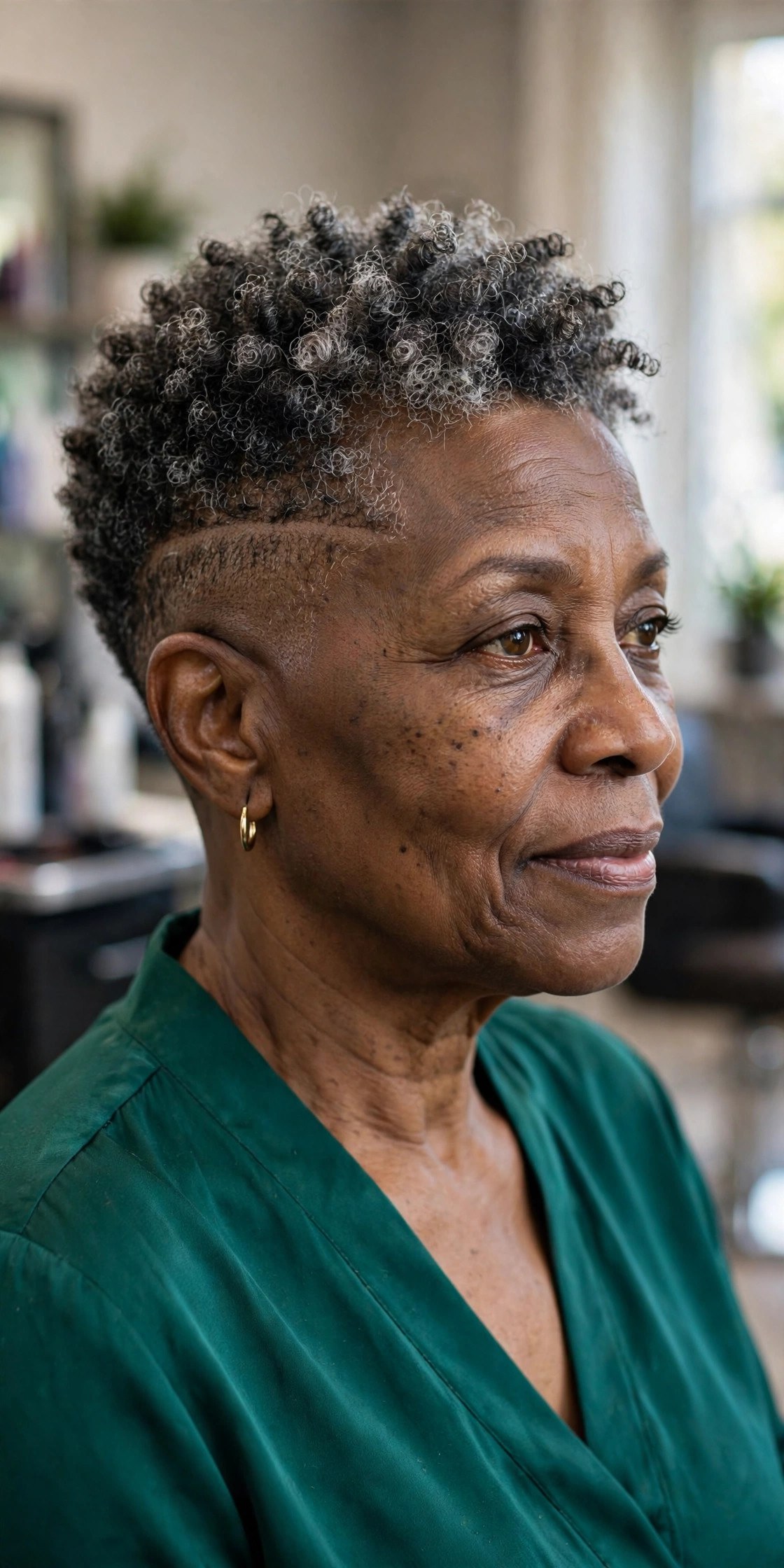 Coily Top Pixie with Faded Sides - undercut pixie hairstyle on a woman over 50