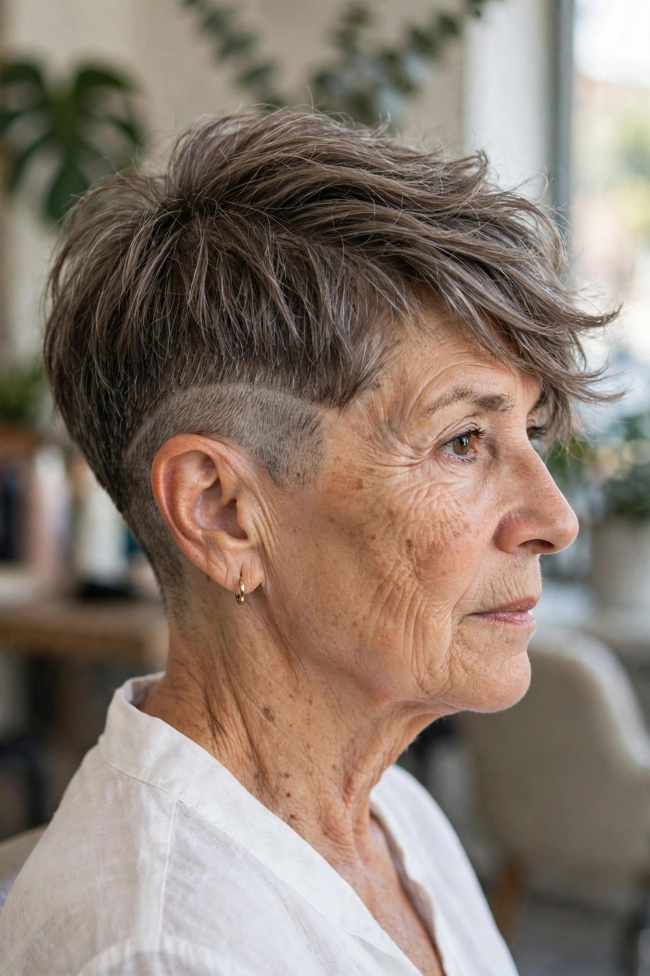 Side-Shaved Pixie with a Textured Top - undercut pixie hairstyle on a woman over 50