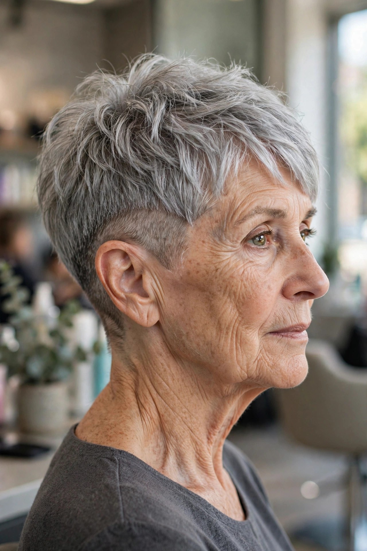 Silver Fox Undercut Pixie - undercut pixie hairstyle on a woman over 50