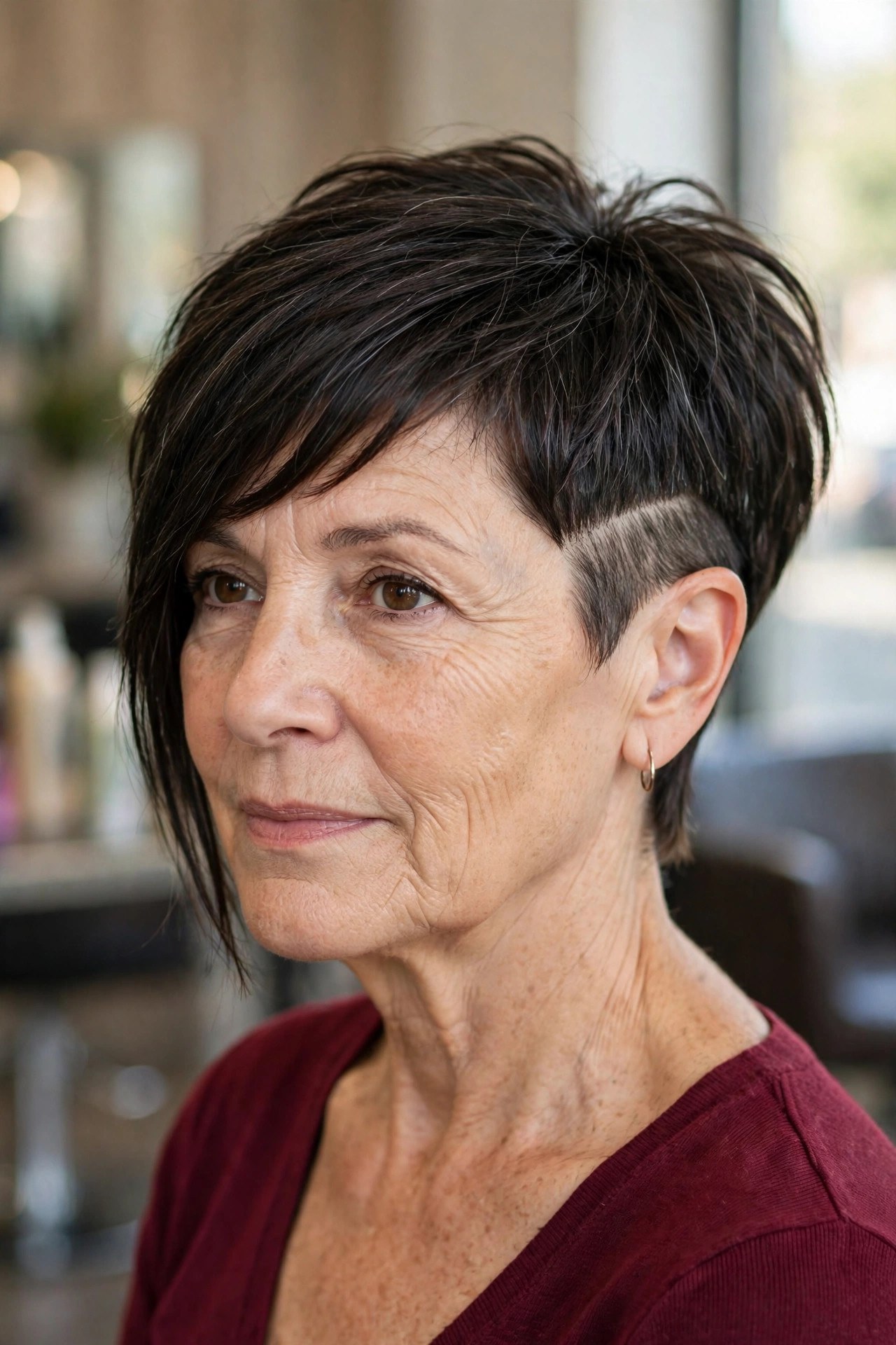Asymmetrical Undercut Pixie with a Long Fringe Side - undercut pixie hairstyle on a woman over 50