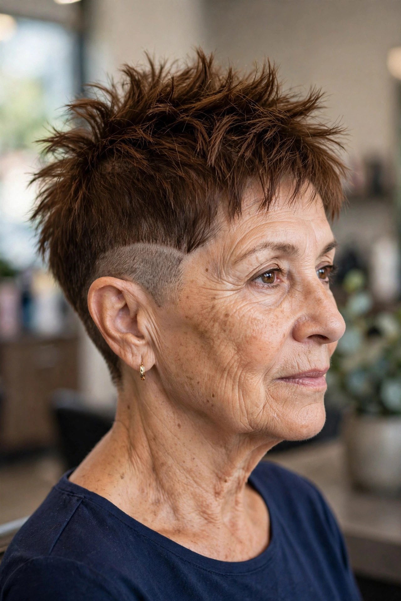 Choppy Spiky Undercut Pixie - undercut pixie hairstyle on a woman over 50