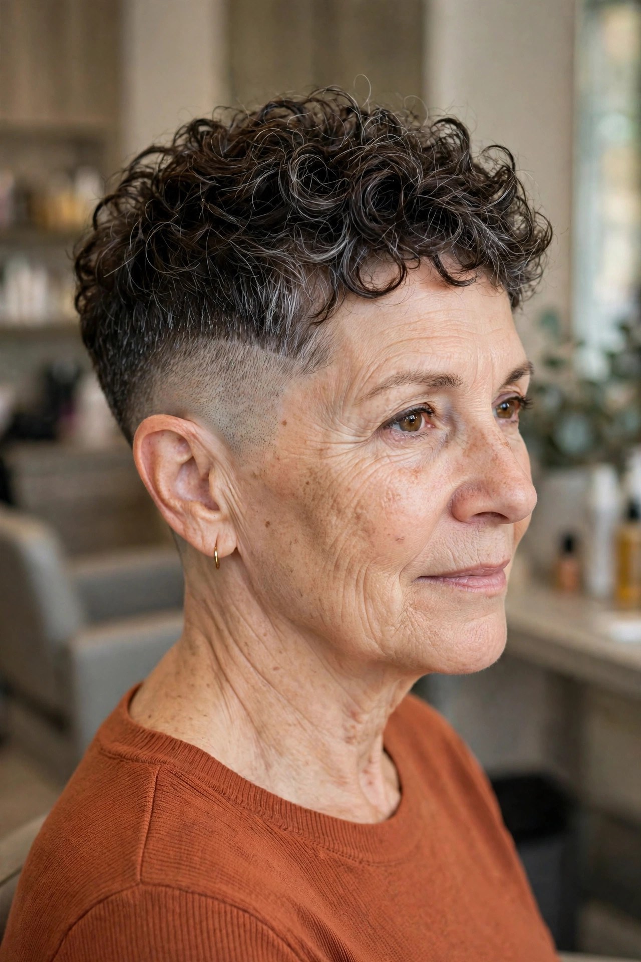 Curly Top Pixie with Faded Sides - undercut pixie hairstyle on a woman over 50