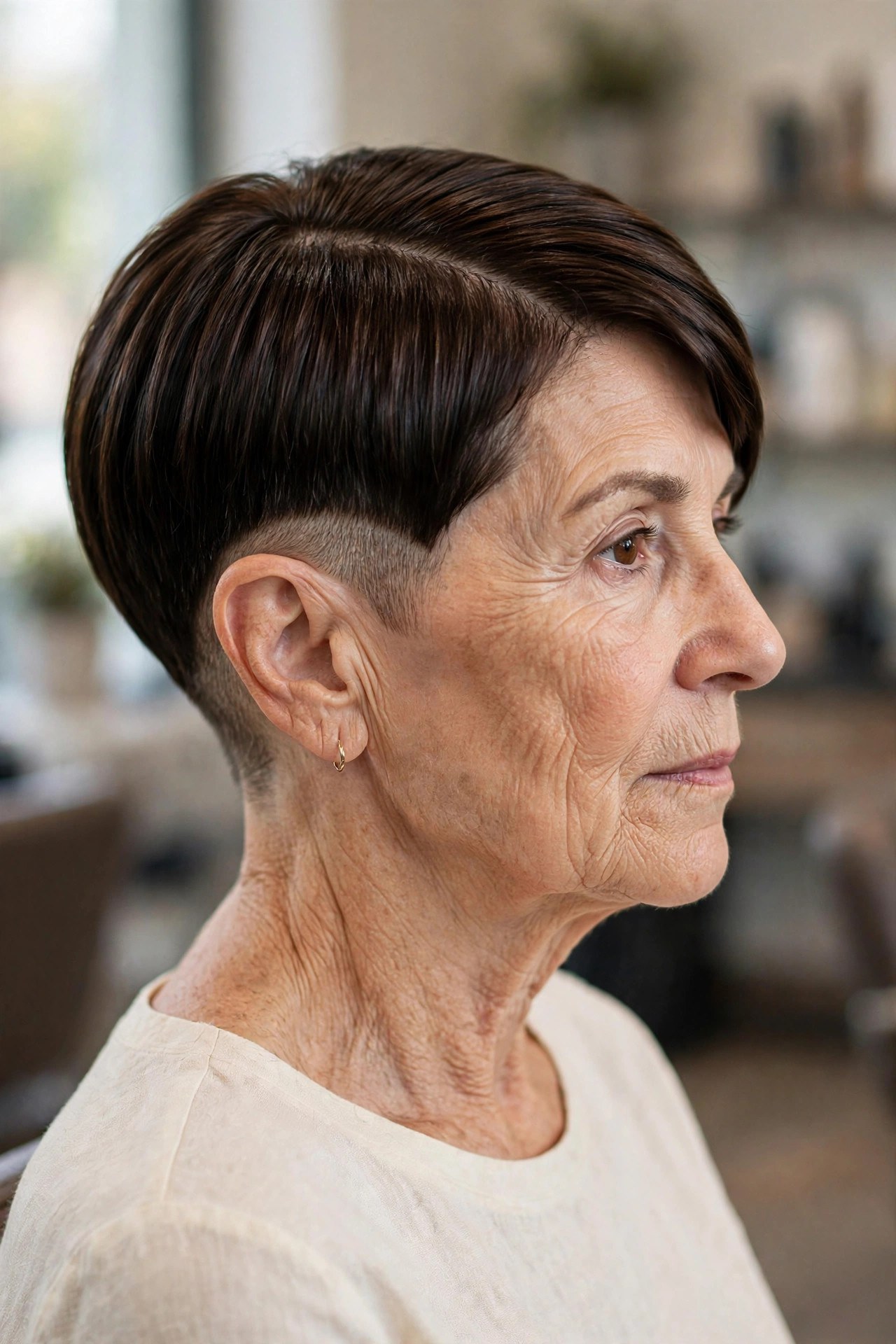 Sleek Side-Part Undercut Pixie - undercut pixie hairstyle on a woman over 50