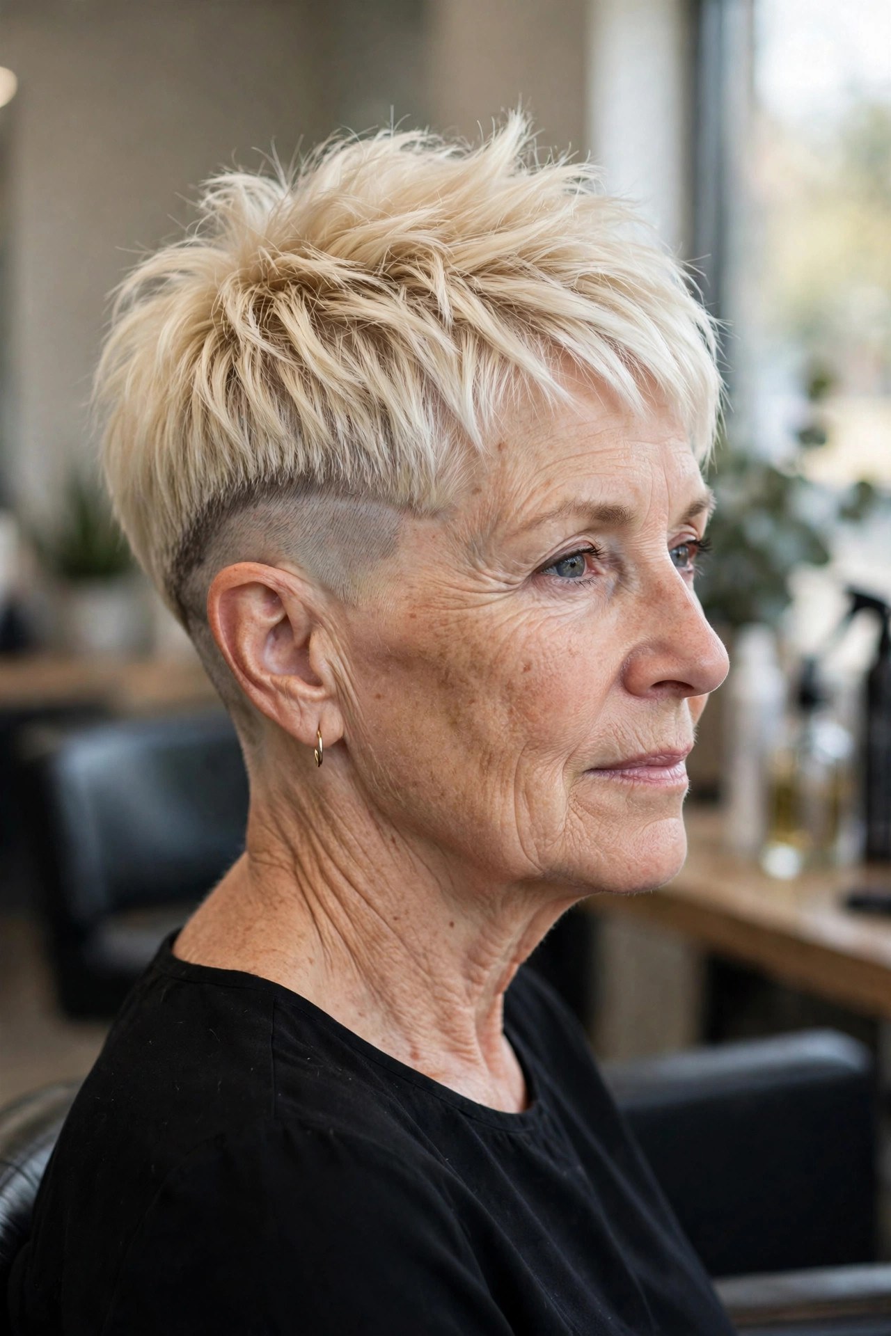 Platinum Blonde Bold Undercut Pixie - undercut pixie hairstyle on a woman over 50