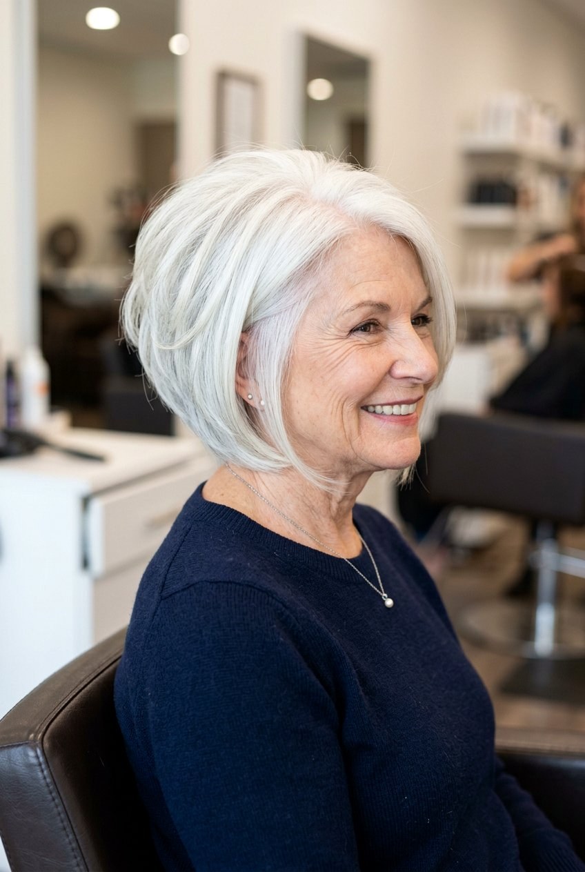 Woman over 70 with rounded one-length bob with a hidden layer — haircut for very fine hair on a woman over 70 that hides scalp show-through