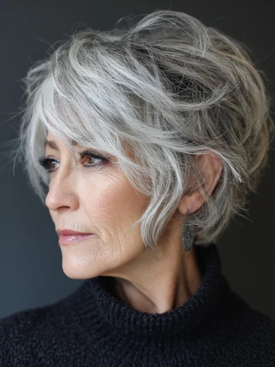 Woman over 70 with short feathered cut brushed toward the face — haircut for very fine hair on a woman over 70 that hides scalp show-through