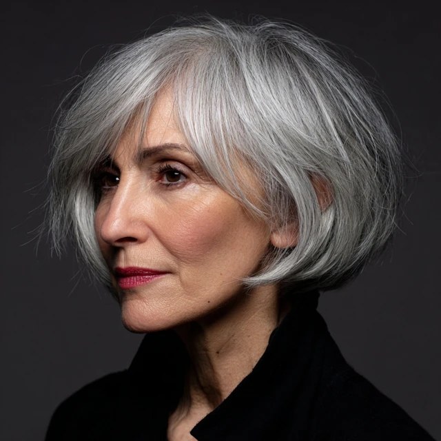 Woman over 70 with asymmetric sweep bob covering the thinner side — haircut for very fine hair on a woman over 70 that hides scalp show-through
