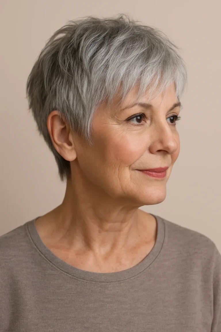 Woman over 70 with classic tapered crop with a neat nape — haircut for very fine hair on a woman over 70 that hides scalp show-through
