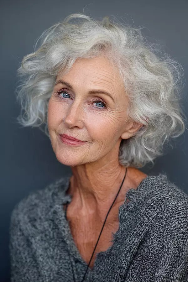 Woman over 70 with soft perm-look curls on a short cut (heatless waves) — haircut for very fine hair on a woman over 70 that hides scalp show-through
