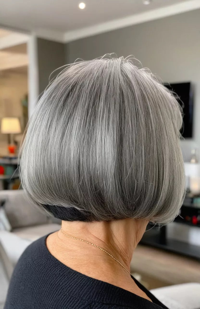Woman over 70 with stacked back bob that pushes hair forward — haircut for very fine hair on a woman over 70 that hides scalp show-through
