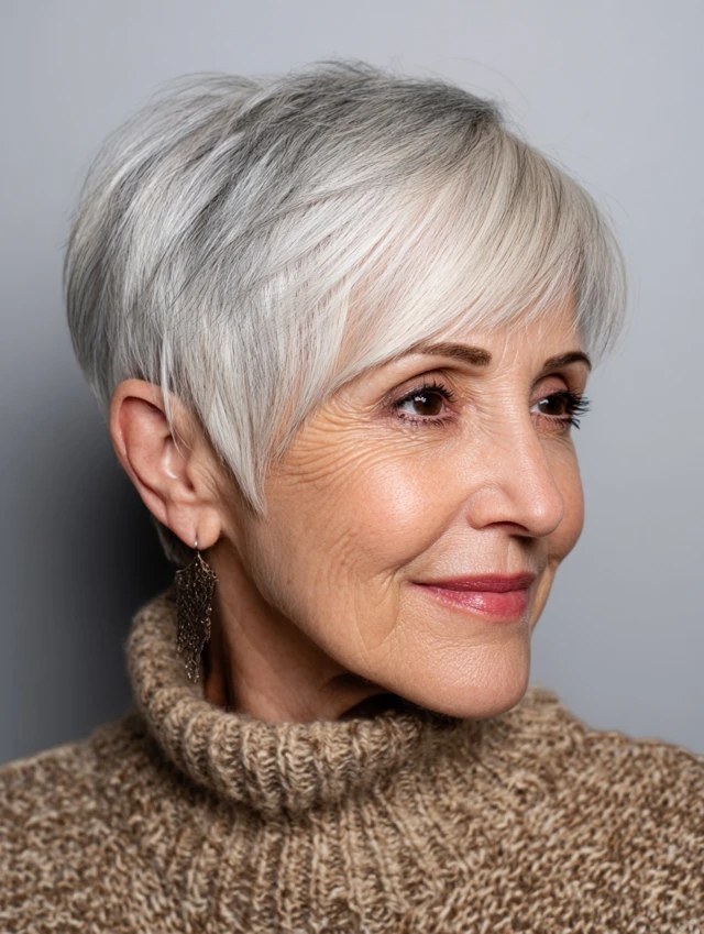 Woman over 70 with side-swept long fringe with tapered sides — haircut for very fine hair on a woman over 70 that hides scalp show-through
