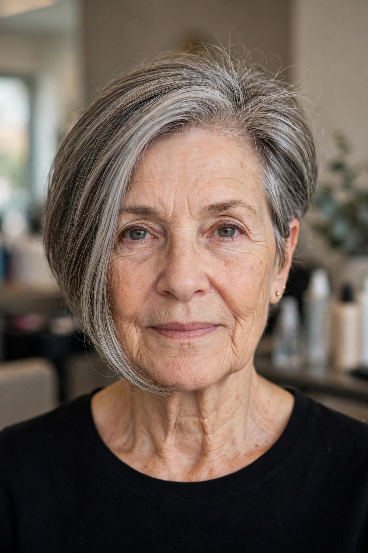 Asymmetric Bob with Lifted Roots on a woman over 60 - volumizing short haircut for flat fine hair