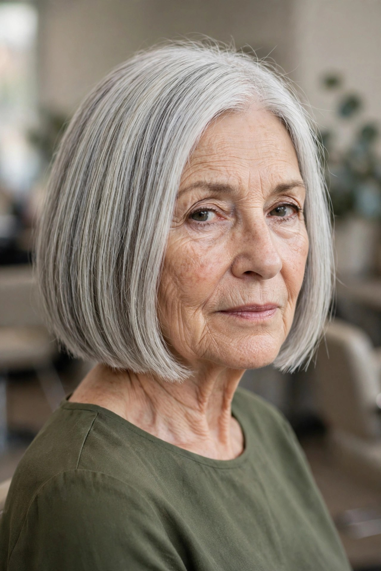 Blunt Chin-Length Bob with Hidden Layers on a woman over 60 - volumizing short haircut for flat fine hair