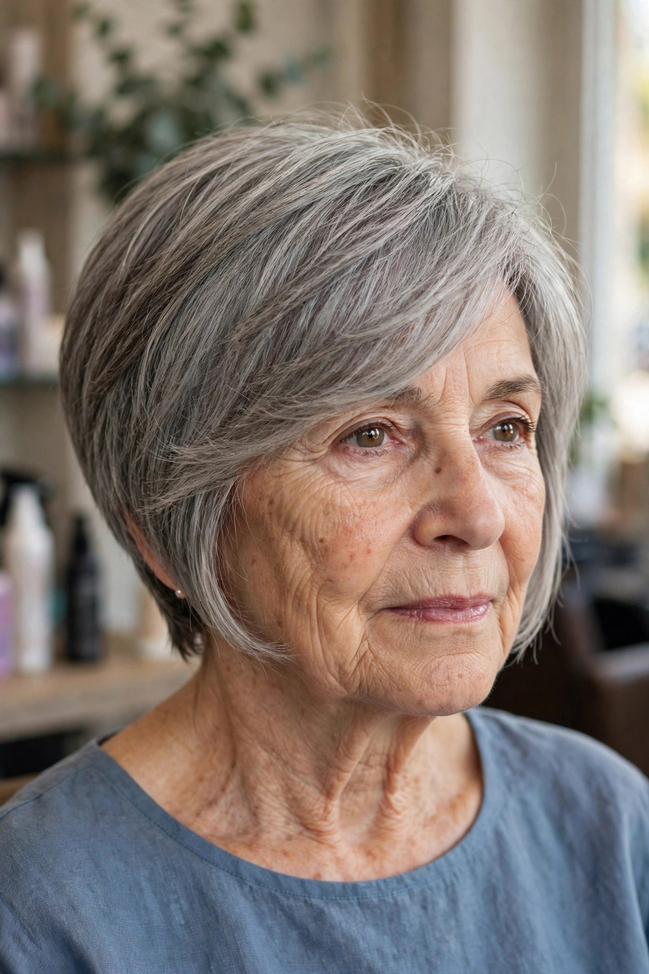 Side-Swept Fringe Pixie Bob on a woman over 60 - volumizing short haircut for flat fine hair