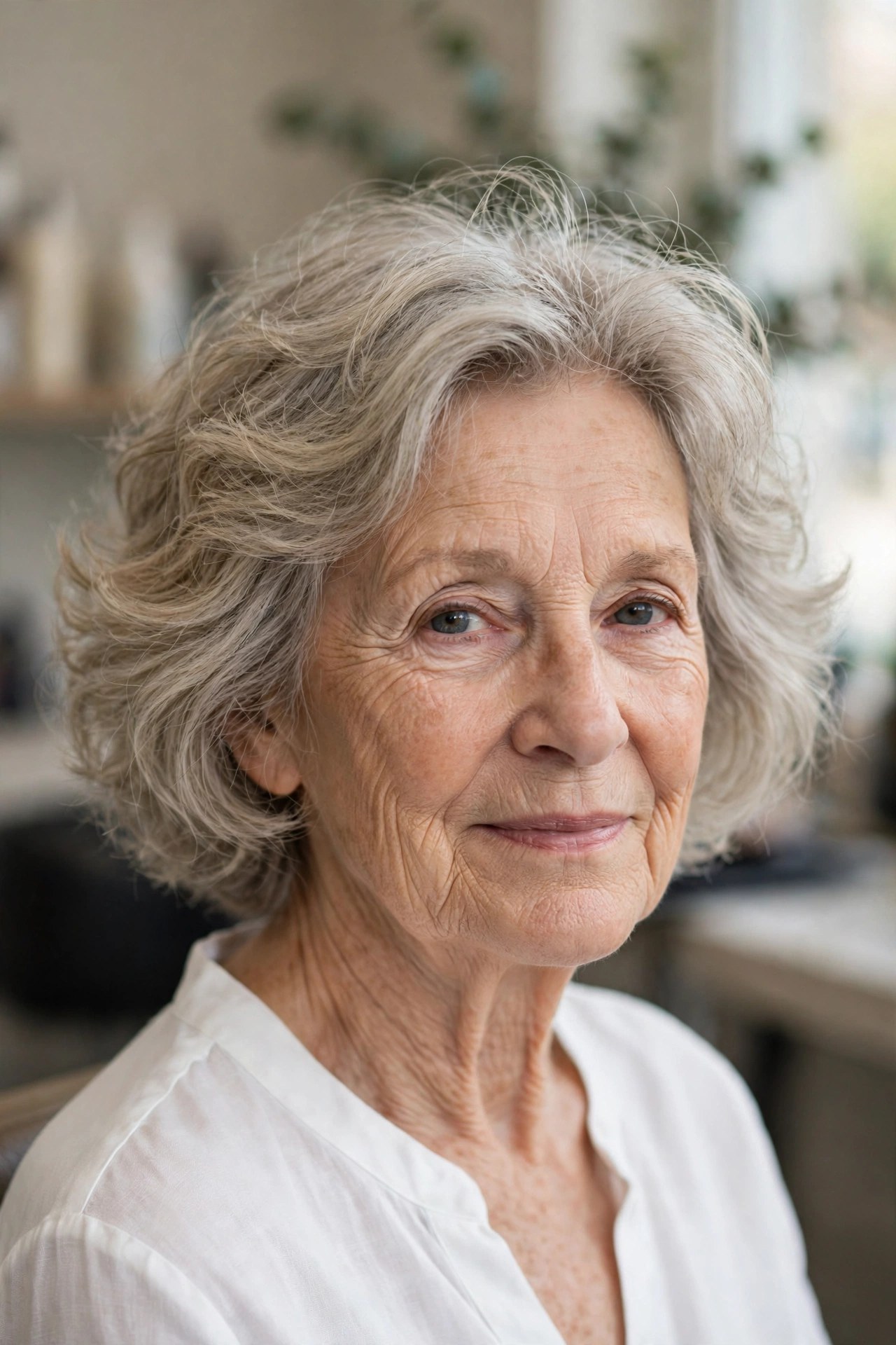 Wavy Textured Bob with Crown Volume on a woman over 60 - volumizing short haircut for flat fine hair