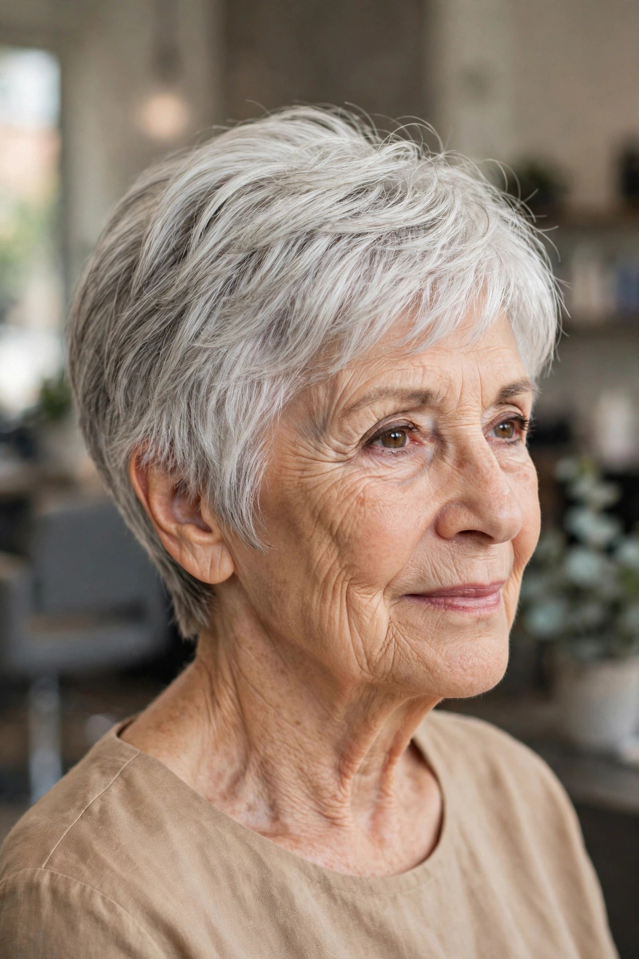Layered Pixie Bob with Longer Top on a woman over 60 - volumizing short haircut for flat fine hair