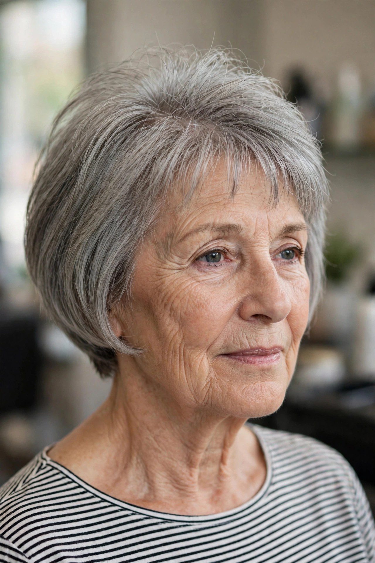 French Bob with Crown Layers and Wispy Fringe on a woman over 60 - volumizing short haircut for flat fine hair