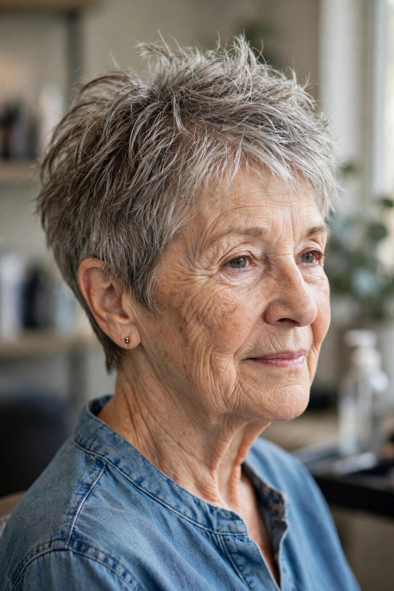 Tousled Messy Pixie with Lifted Roots on a woman over 60 - volumizing short haircut for flat fine hair