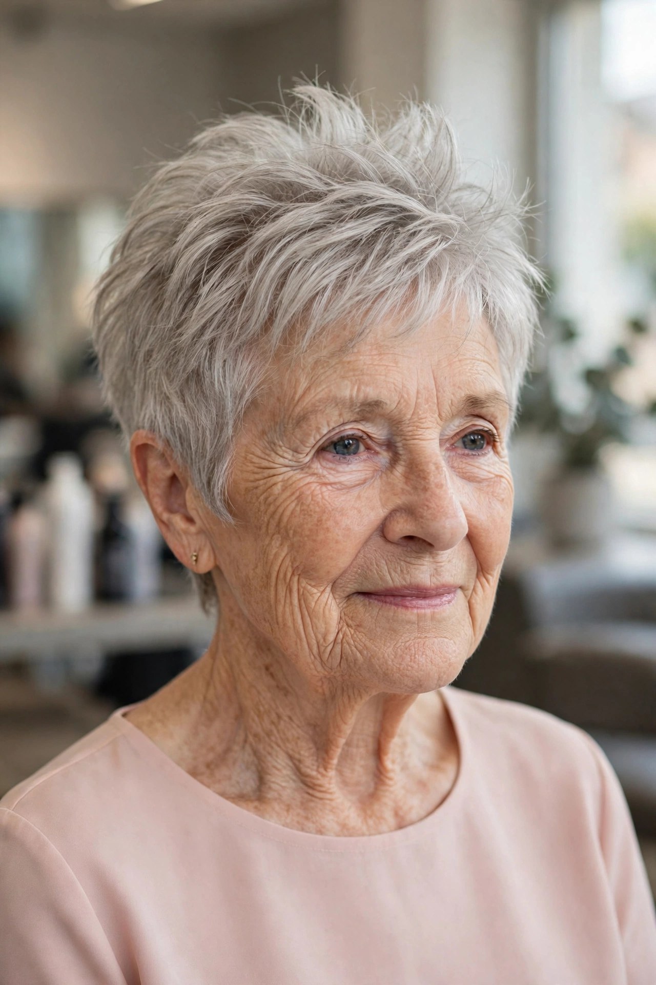 Textured Pixie with Lifted Crown Layers on a woman over 60 - volumizing short haircut for flat fine hair