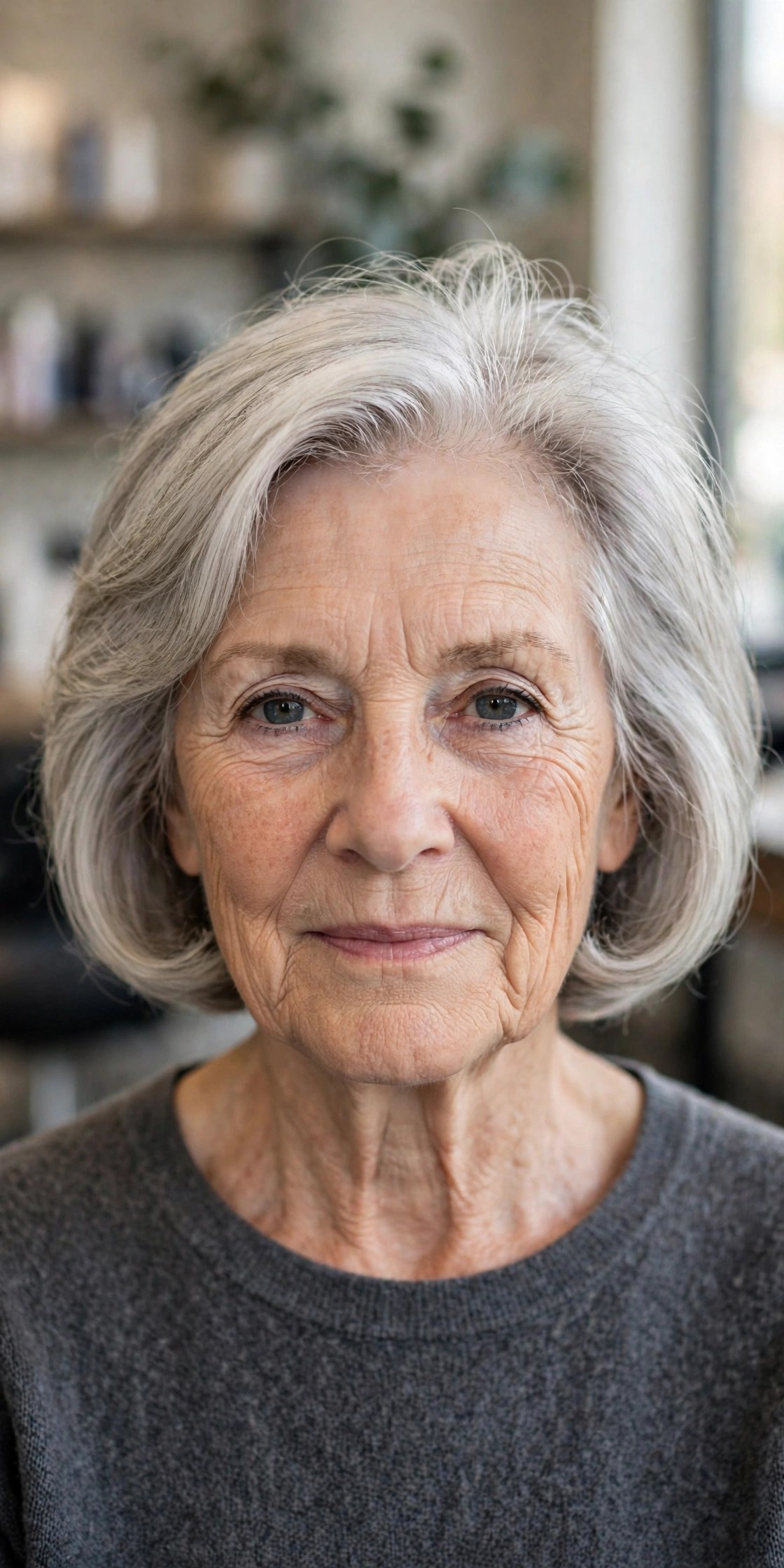 Blowout Bob with Off-Center Part on a woman over 60 - volumizing short haircut for flat fine hair