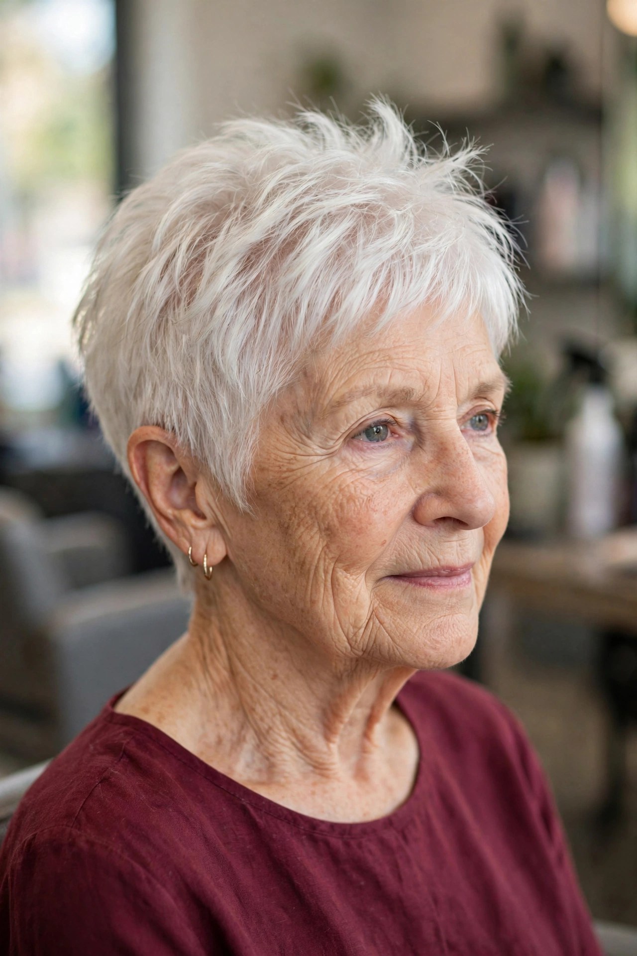 Choppy Pixie with Piecey Crown on a woman over 60 - volumizing short haircut for flat fine hair