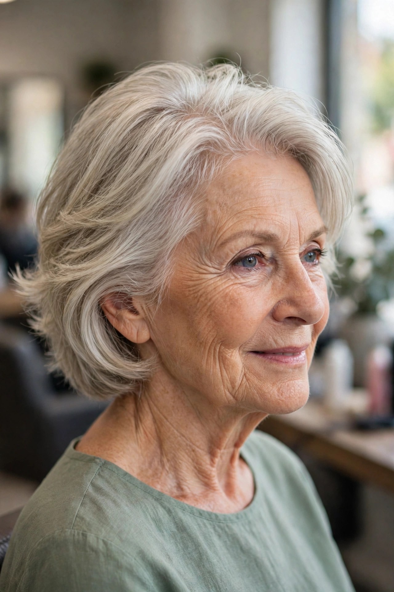 Feathered Layered Bob Brushed Back on a woman over 60 - volumizing short haircut for flat fine hair