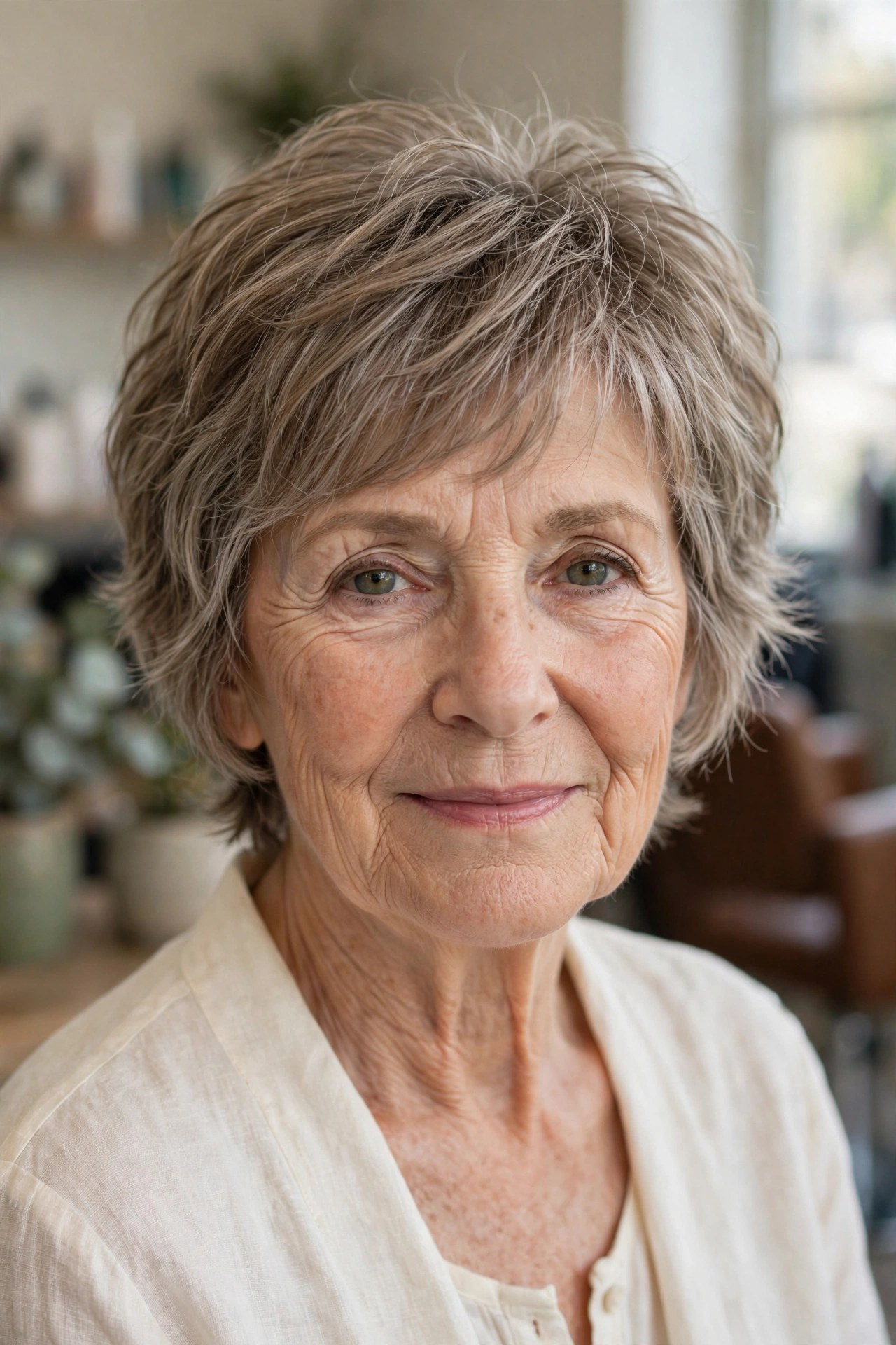 Volumizing Bixie with Feathered Layers on a woman over 60 - volumizing short haircut for flat fine hair