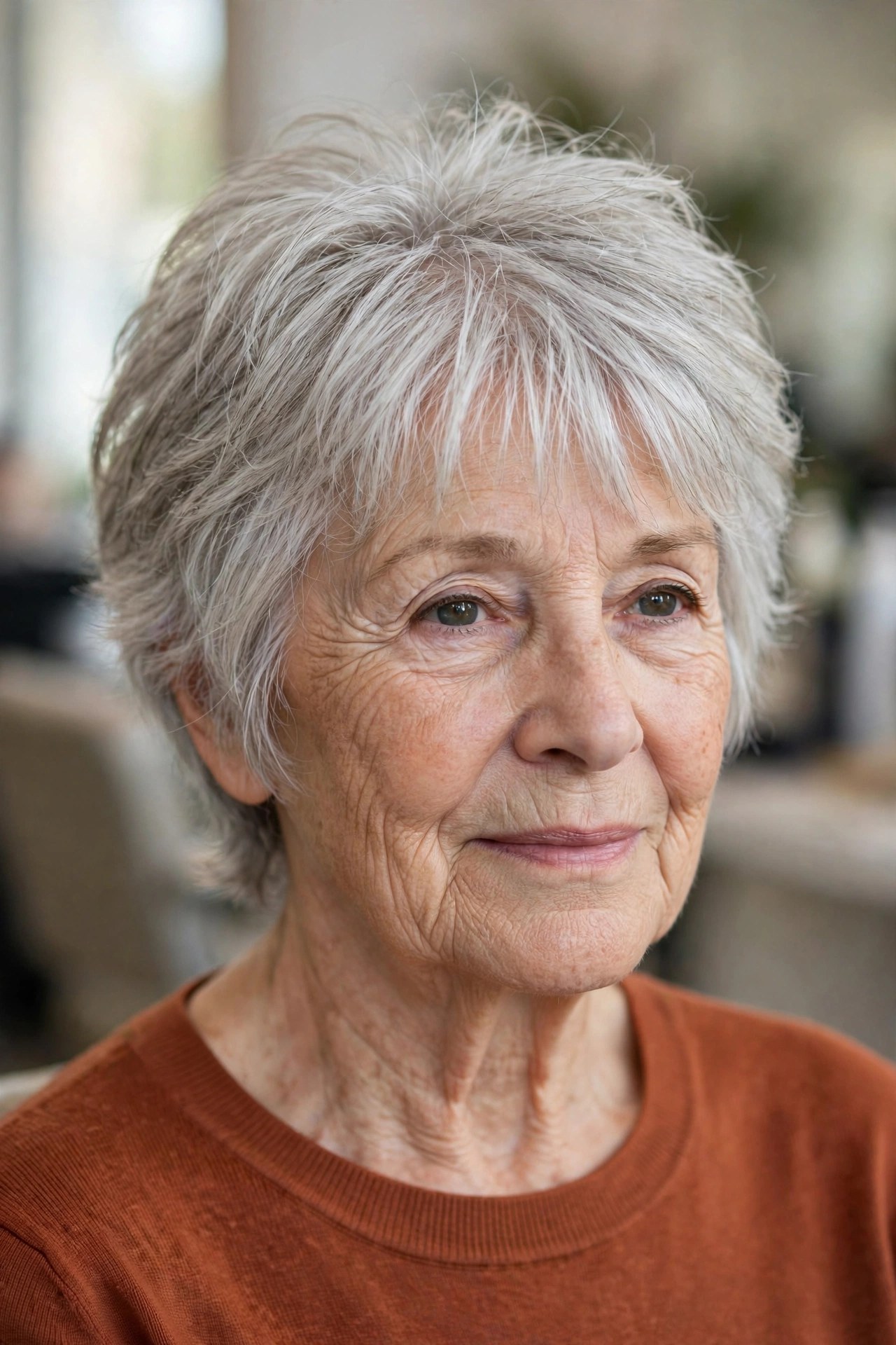 Short Shag with Crown-Heavy Layers on a woman over 60 - volumizing short haircut for flat fine hair