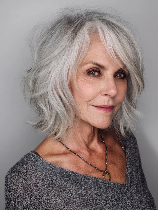 Woman over 70 with asymmetrical crown bob with a deep part — volumizing hairstyle for a woman over 70 with a thinning crown