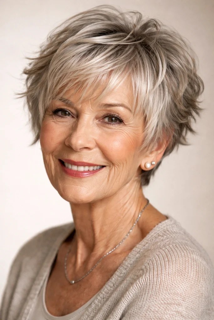 Woman over 70 with root-lift pixie bob with a tousled finish — volumizing hairstyle for a woman over 70 with a thinning crown
