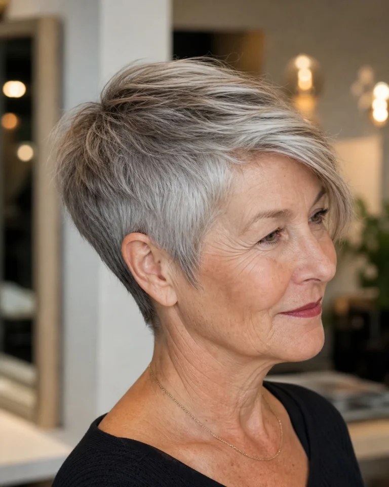 Woman over 70 with short layered cut with a crown-first blow-dry shape — volumizing hairstyle for a woman over 70 with a thinning crown