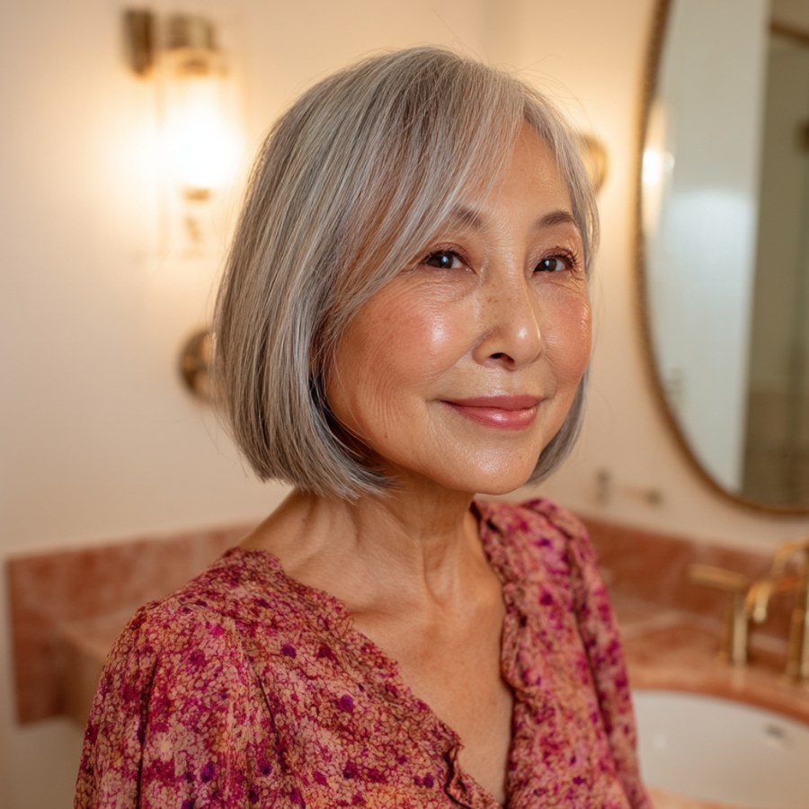 Woman over 70 with chin bob with crown layers and a zigzag part — volumizing hairstyle for a woman over 70 with a thinning crown