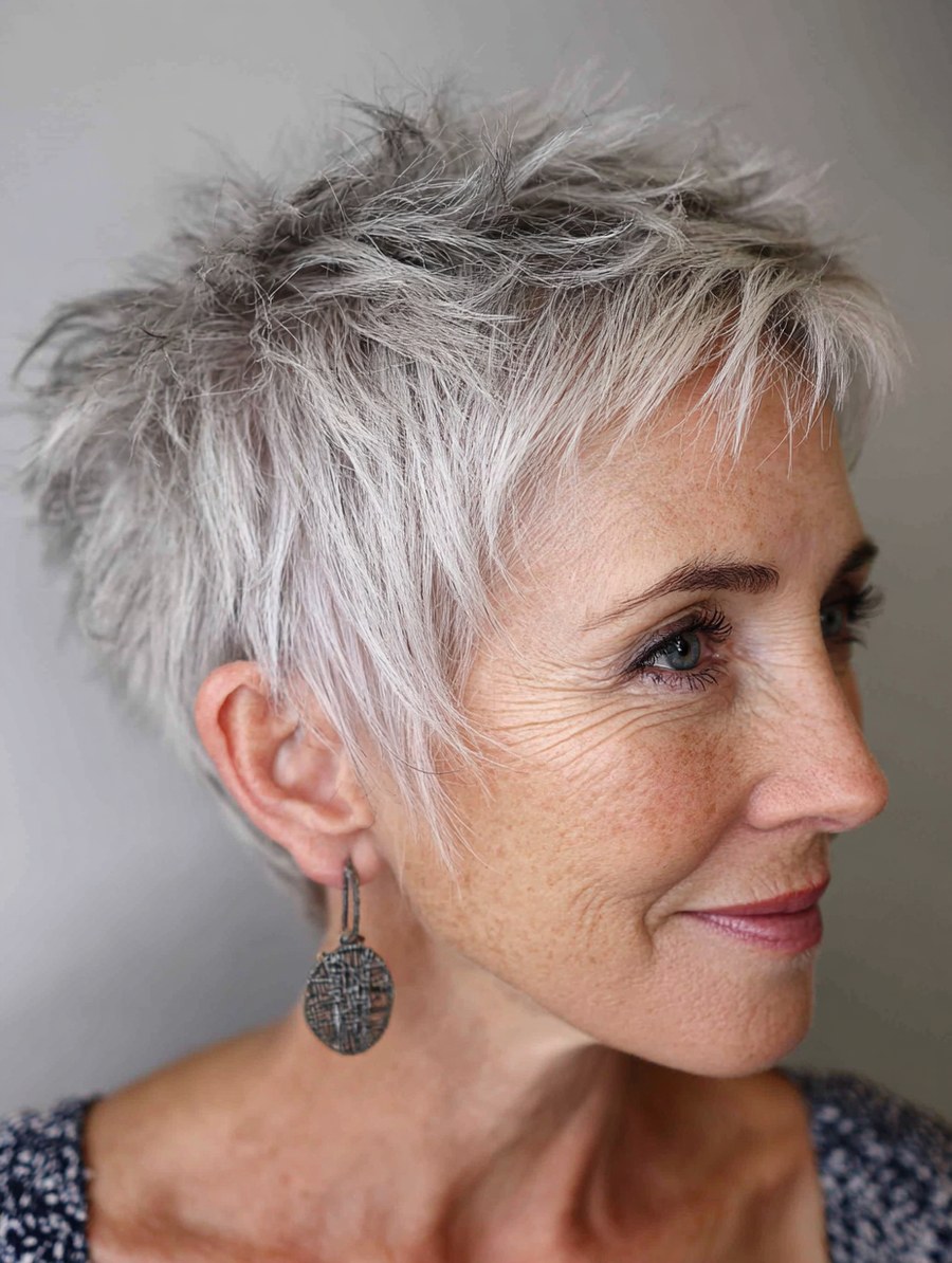 Woman over 70 with crown-highlighted silver blend that camouflages thinness — volumizing hairstyle for a woman over 70 with a thinning crown