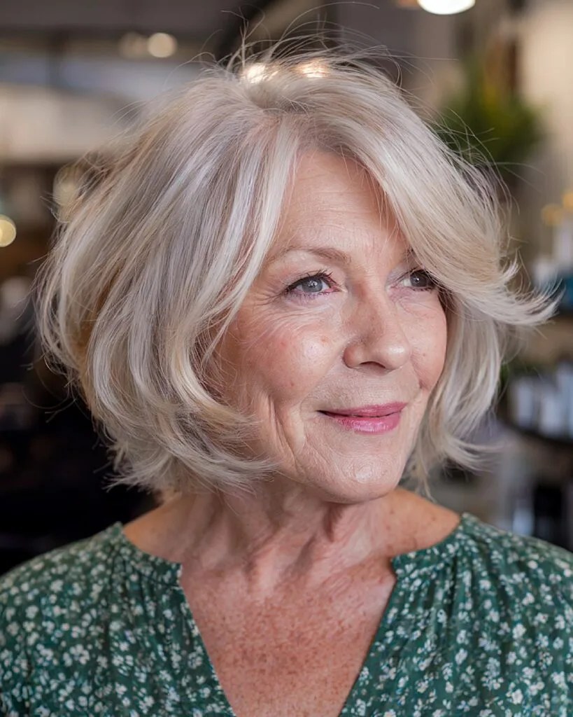 Woman over 70 with volumized blowout bob with crown height — volumizing hairstyle for a woman over 70 with a thinning crown