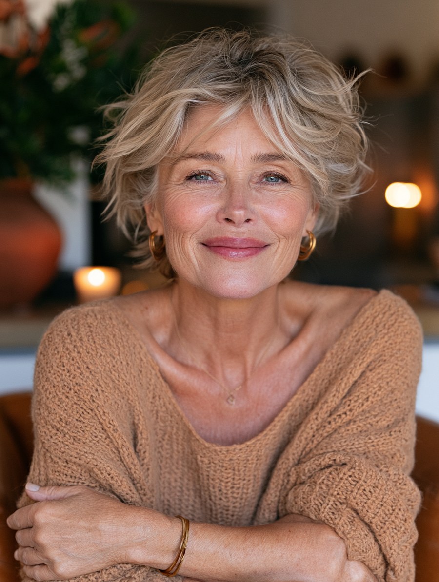 Woman over 70 with layered shag with a crown volume section — volumizing hairstyle for a woman over 70 with a thinning crown