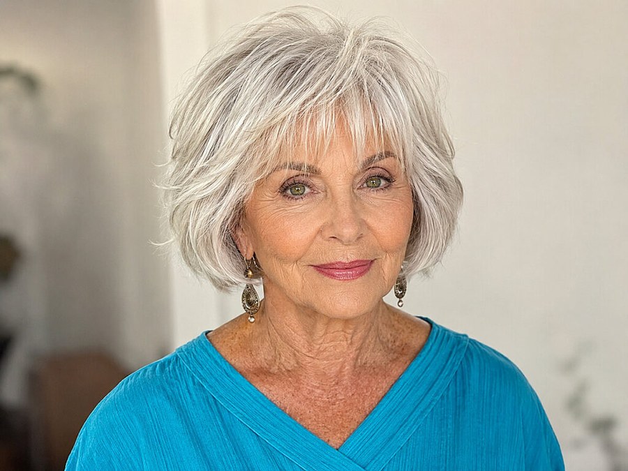 Woman over 70 with feathered crown sweep on a classic bob — volumizing hairstyle for a woman over 70 with a thinning crown