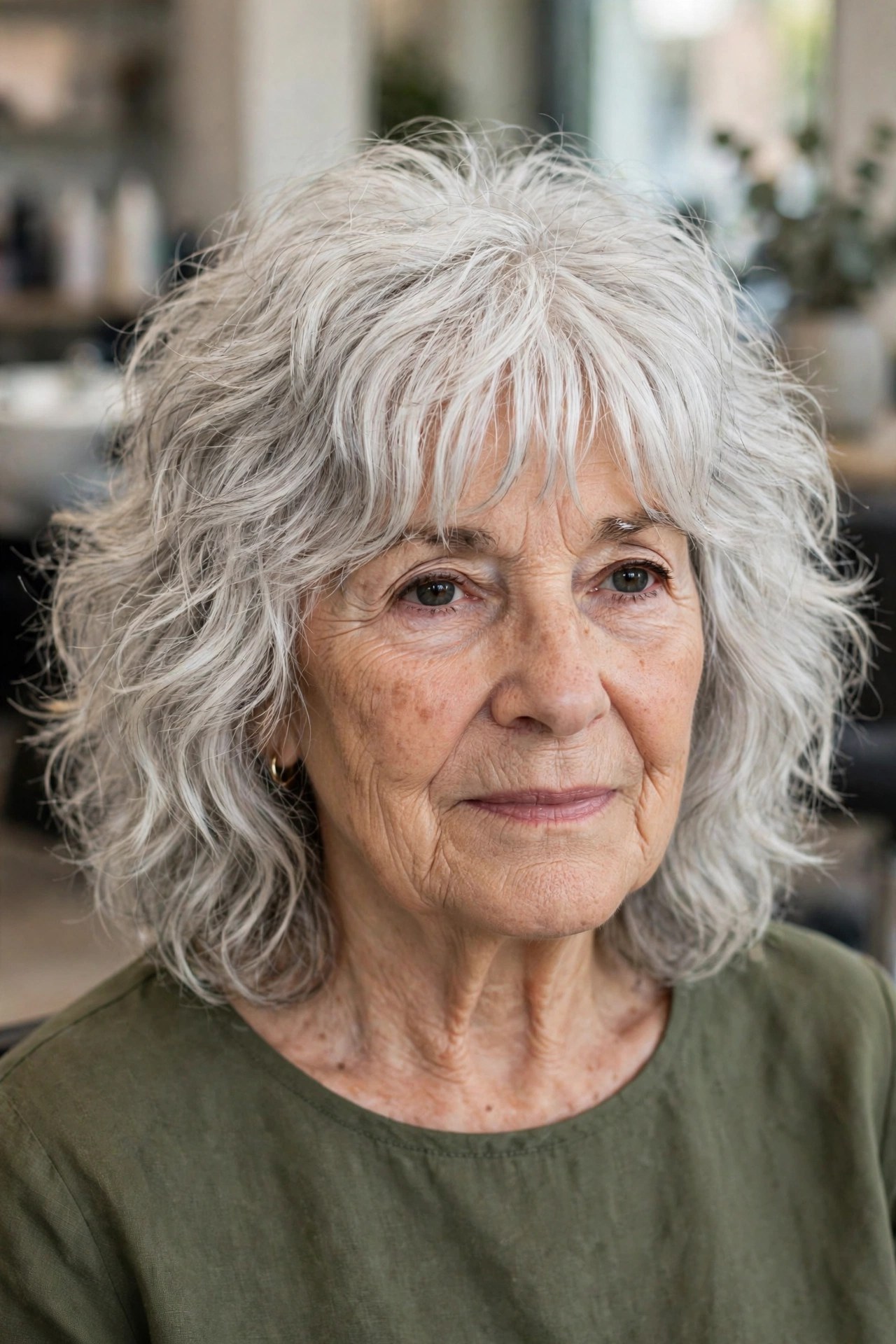 Wavy Shag With a Soft Curtain Fringe - wash and go haircut for women over 60 with thick hair