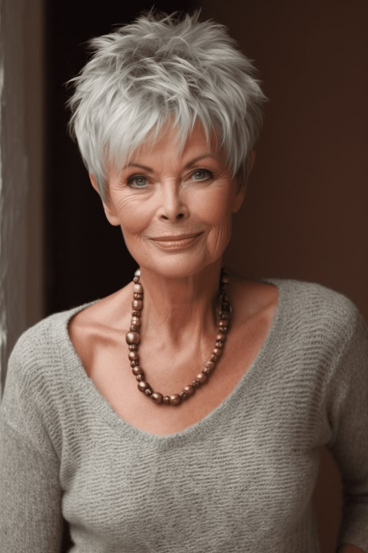 Woman over 70 with textured spiky pixie you style with fingertips — easy-care hairstyle for women over 70
