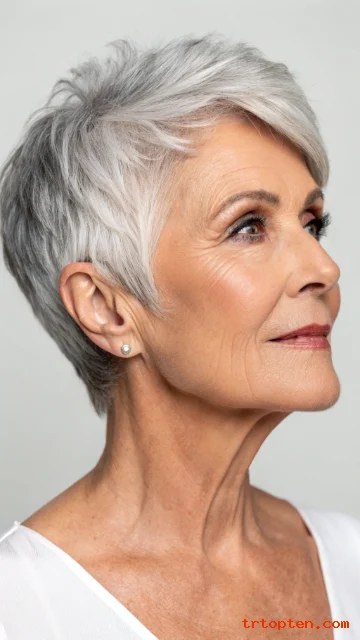 Woman over 70 with choppy silver pixie with piecey, light ends — easy-care hairstyle for women over 70
