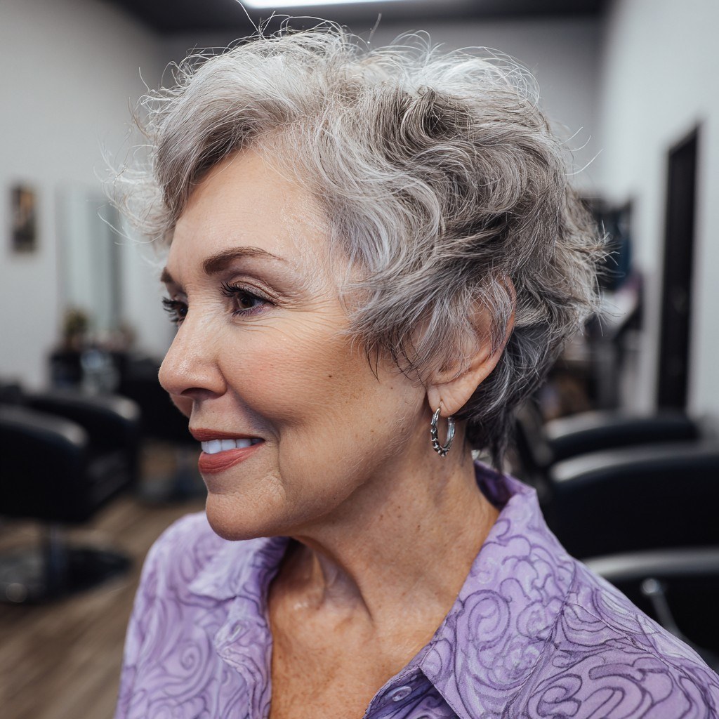 Woman over 70 with very short curly crop that loves glasses — easy-care hairstyle for women over 70