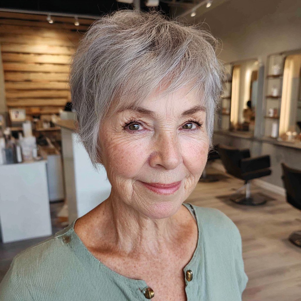 Woman over 70 with wavy white bob that settles on its own — easy-care hairstyle for women over 70