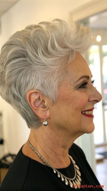 Woman over 70 with smooth silver bob with a clean outline — easy-care hairstyle for women over 70