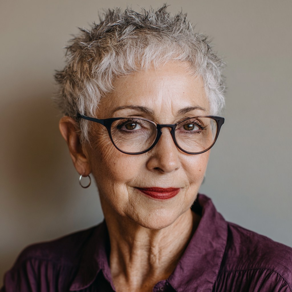 Woman over 70 with finger-styled crop with a lived-in finish — easy-care hairstyle for women over 70