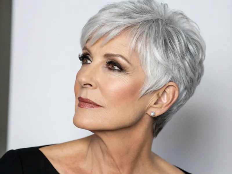 Woman over 70 with classic crop with a soft fringe — easy-care hairstyle for women over 70