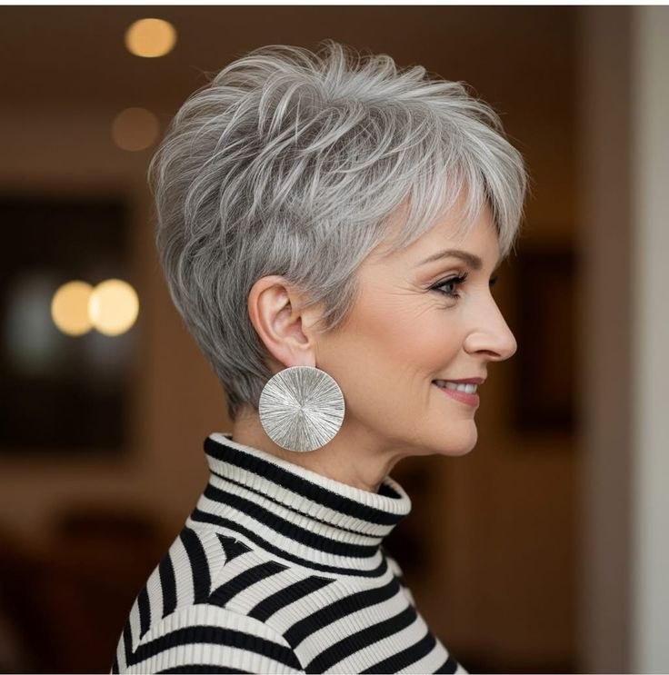 Woman over 70 with rounded silver crop with gentle volume — easy-care hairstyle for women over 70