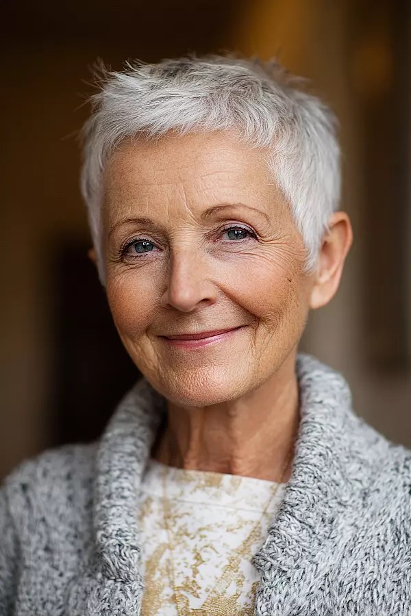 Woman over 70 with neat tapered crop for a tender scalp — easy-care hairstyle for women over 70