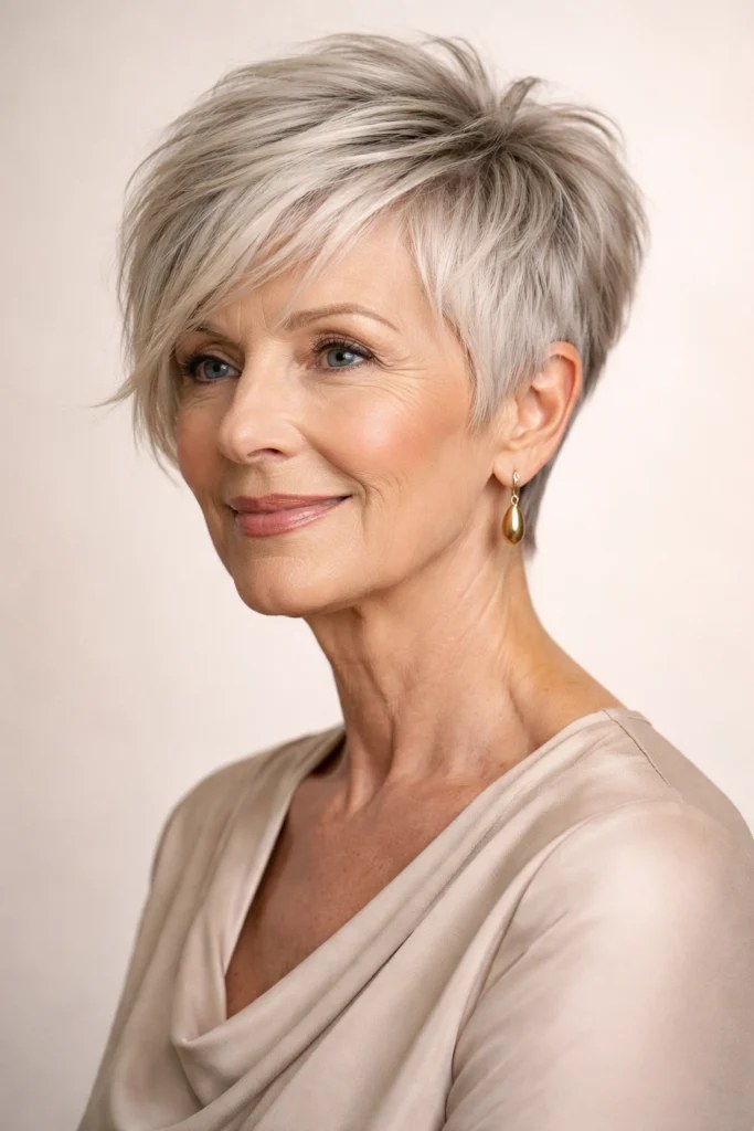 Woman over 70 with side-swept pixie with a longer, softer top — easy-care hairstyle for women over 70