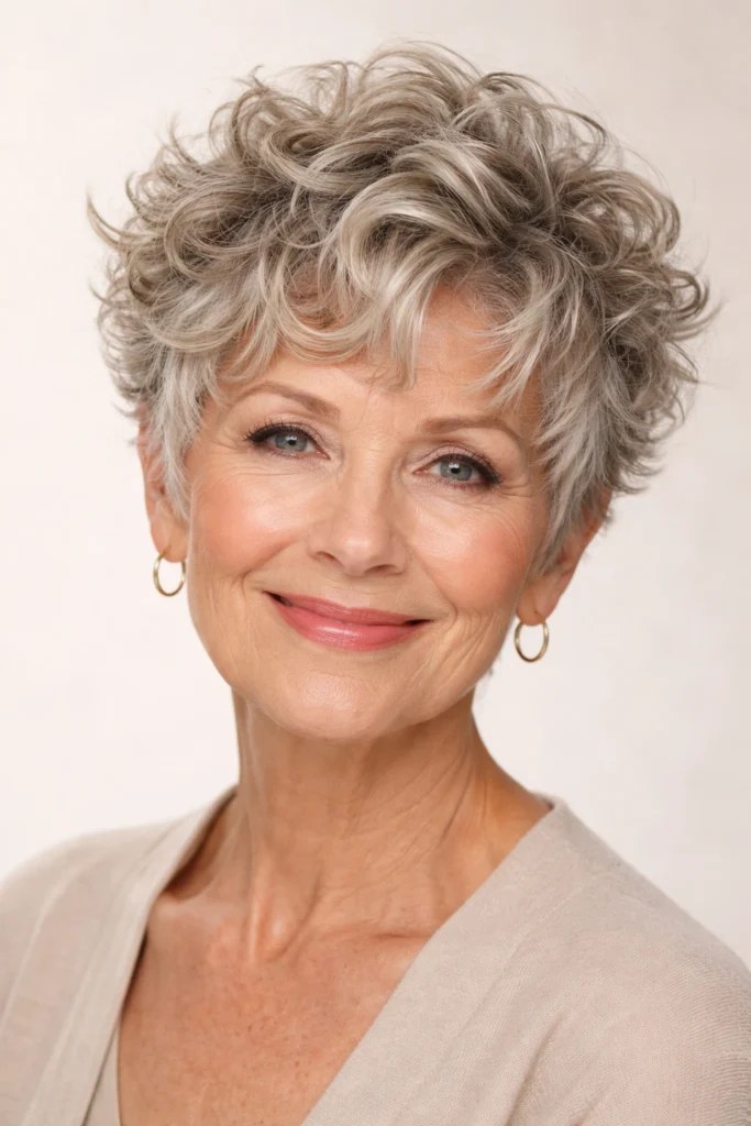 Woman over 70 with curly wash-and-go crop for natural texture — easy-care hairstyle for women over 70