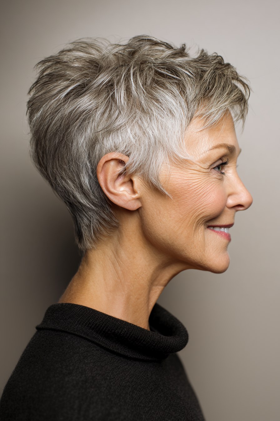 Woman over 70 with tapered pixie with a clean, easy neckline — easy-care hairstyle for women over 70